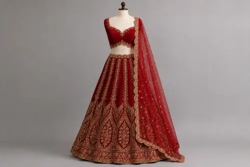 Red Velvet Scallop Bridal Lehenga – Classic Red Velvet Lehenga with Gold Scallop Edge | Custom Tailored