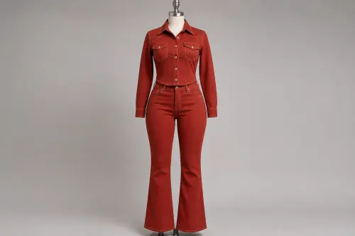 Brick Red Denim Shirt Trouser Co-ord – Brick Red Denim Shirt with Trousers | Custom Tailored