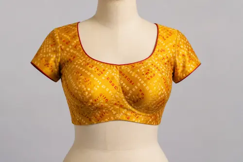 Mustard Bandhani Round Neck Blouse – Gaji Silk Tie-Dye Designer Blouse | Custom Tailored