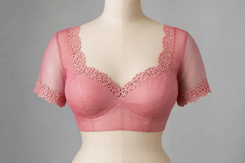 Rose Pink Cutwork Sweetheart Blouse – Organza Designer Blouse with Cutwork Lace | Custom Tailored