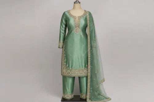Jade Green Kundan Bridal Salwar Kameez – Silk Satin with Kundan and Pearls | Custom Tailored