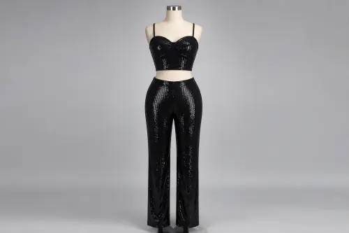 Black Sequin Co-ord Set – Black Sequin Top with Straight Pants | Custom Tailored