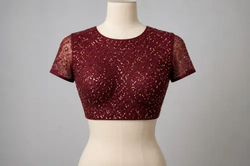 Wine Sequin Keyhole Back Blouse – Burgundy Georgette Blouse with Sequin Spray | Custom Tailored