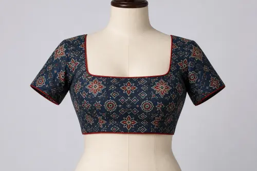 Navy Ajrakh Printed Blouse – Cotton Silk Square Neck Hand-Block Print Blouse | Custom Tailored