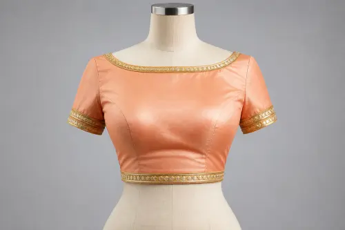 Peach Gota Patti Boat Neck Blouse – Soft Peach Silk Designer Blouse with Gold Gota Work | Custom Tailored