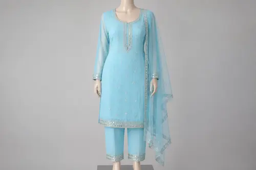 Sky Blue Mirror Moti Salwar Kameez – Powder Blue Georgette with Mirror and Moti | Custom Tailored