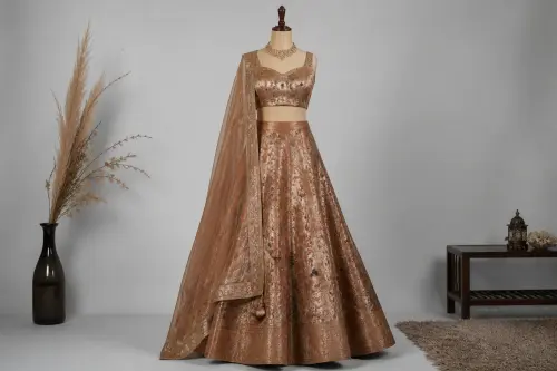 Bronze Metallic Brocade Lehenga – Tissue Brocade Lehenga with Floral Jaal | Custom Tailored