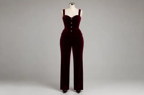 Velvet Wine Co-ord Set – Wine Velvet Top with Straight Pants | Custom Tailored