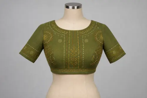 Olive Green Kantha Stitch Round Neck Blouse – Cotton Designer Blouse with Running Stitch | Custom Tailored