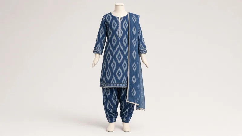 Indigo Ikat Weave Salwar Kameez – Girls Handloom Cotton-Silk Pochampally Set | Custom Tailored Kids