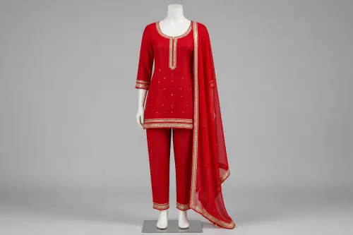 Royal Red Gota Patti Kurti Set – Royal Red Silk Kurti with Straight pants | Custom Tailored