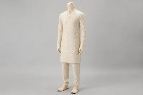 Cream Paisley Kurta Pajama – Men's Cream Paisley Print Set | Custom Tailored