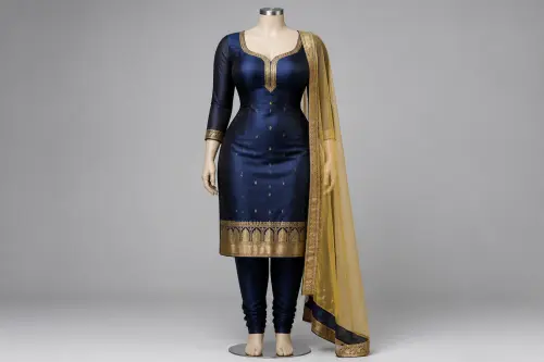 Midnight Navy Churidar Kameez – Navy Silk Satin with Gold Temple Border | Custom Tailored