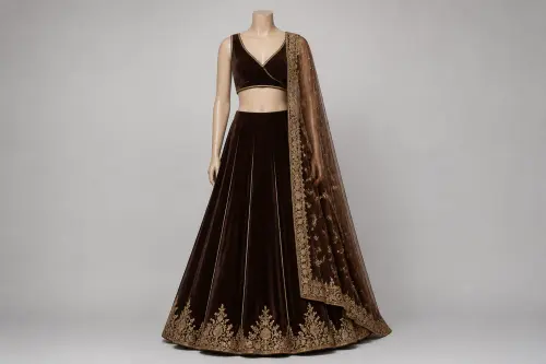 Chocolate Brown Velvet Lehenga – Velvet Lehenga with Gold Cord | Custom Tailored