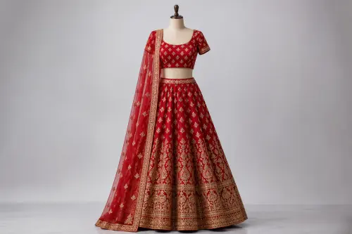 Royal Red Banarasi Lehenga – Crimson Silk Brocade Bridal Lehenga with Gold Zari | Custom Tailored
