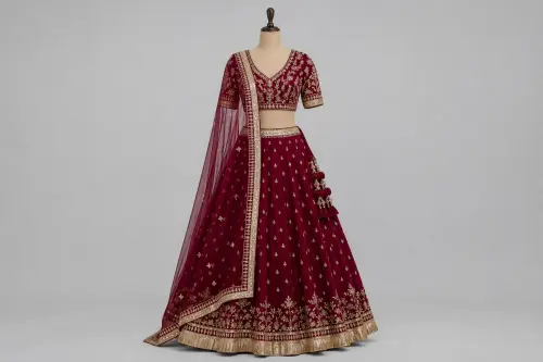 Burgundy Gota Lace Lehenga – Wine Silk Lehenga with Gota Borders | Custom Tailored