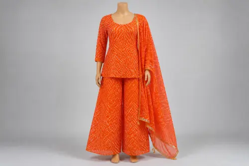 Sunset Orange Bandhani Kurti Set – Sunset Orange Cotton-Silk Kurti with Palazzo | Custom Tailored