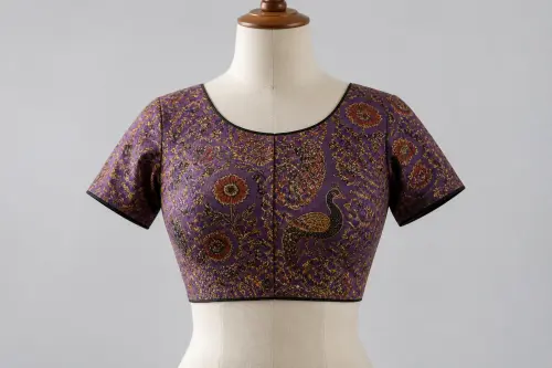 Purple Kalamkari Printed Blouse – Cotton Silk Round Neck Handloom-Print Blouse | Custom Tailored