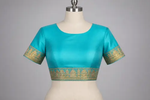 Turquoise Zari Border Round Neck Blouse – Silk Designer Blouse with Gold Border | Custom Tailored