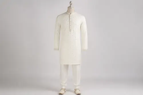 White Mirror Work Kurta Pajama – Men's White Mirror Work Ethnic Set | Custom Tailored