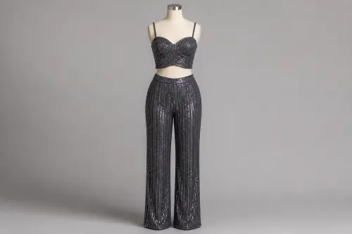 Charcoal Sequin Evening Co-ord – Charcoal Sequin Top with Straight Pants | Custom Tailored