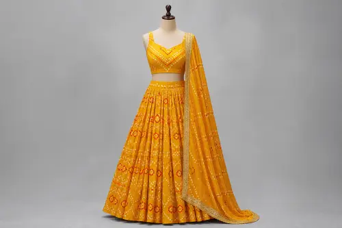 Mustard Bandhani Lehenga – Gaji Silk Tie-Dye Lehenga Set | Custom Tailored