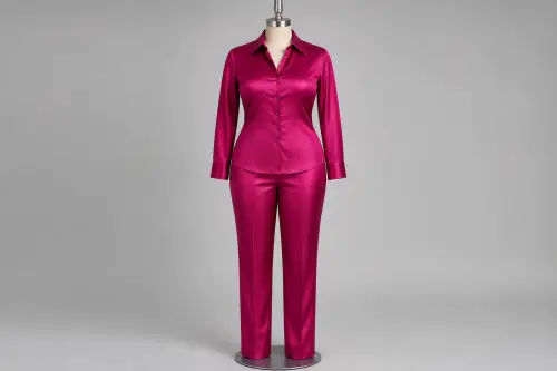 Fuchsia Satin Co-ord Set – Fuchsia Satin Shirt with Straight Pants | Custom Tailored