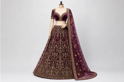 Plum Velvet Zardozi Lehenga – Deep Purple Velvet Bridal Lehenga | Custom Tailored
