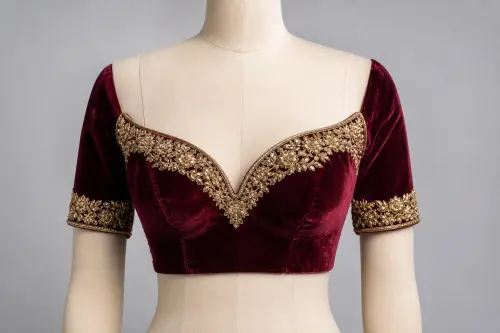 Maroon Zardozi Sweetheart Blouse – Velvet Silk Designer Blouse with Heavy Gold Zardozi | Custom Tailored