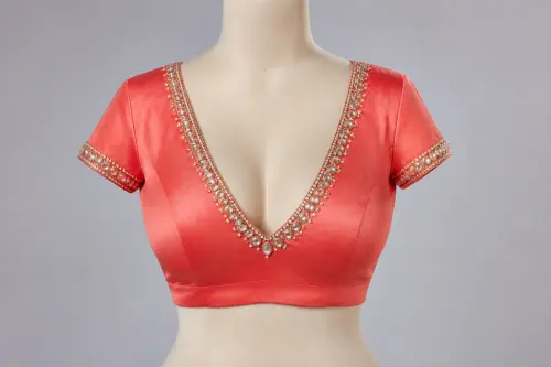 Coral Kundan Work Deep V Blouse – Silk Designer Blouse with Kundan Neckline | Custom Tailored
