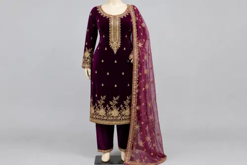 Plum Velvet Zardozi Salwar Kameez – Deep Purple Velvet with Gold Embroidery | Custom Tailored