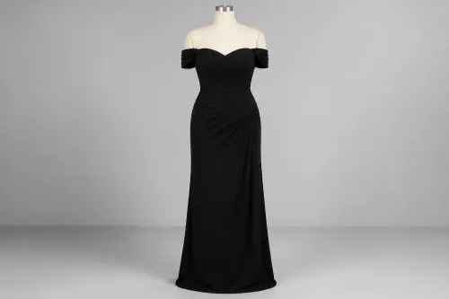 Black Off-Shoulder Gown – Black Crepe Off-Shoulder Floor Gown | Custom Tailored