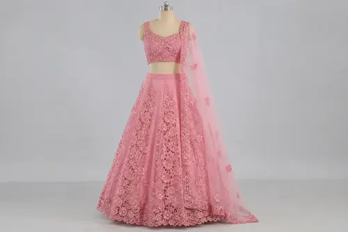 Rose Pink Cutwork Lehenga – Organza Lehenga with Floral Lace | Custom Tailored