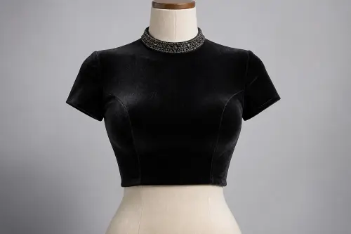 Black Velvet High Neck Blouse – Designer Velvet Blouse with Crystal Neckline | Custom Tailored
