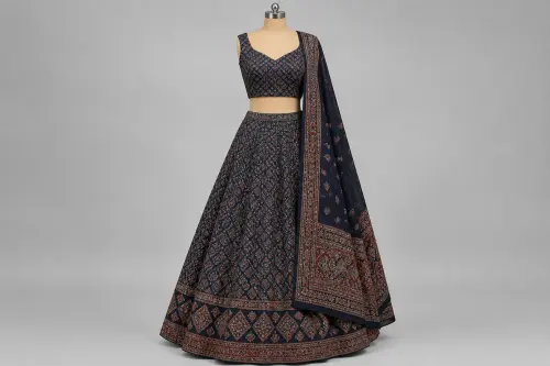 Navy Ajrakh Print Lehenga – Cotton Silk Block Print Lehenga | Custom Tailored