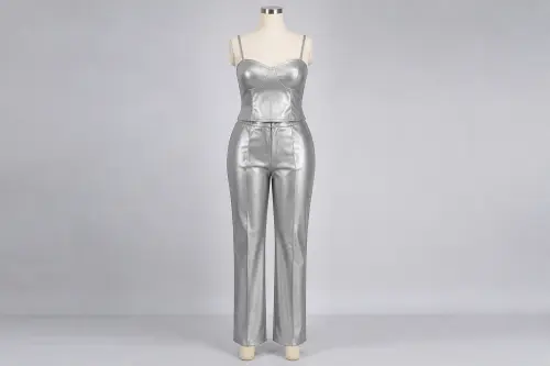 Silver Metallic Co-ord Set – Silver Metallic Top with Straight Pants | Custom Tailored