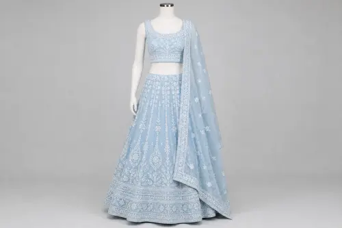 Powder Blue Chikankari Lehenga – Cotton Mul Lucknowi Lehenga Set | Custom Tailored
