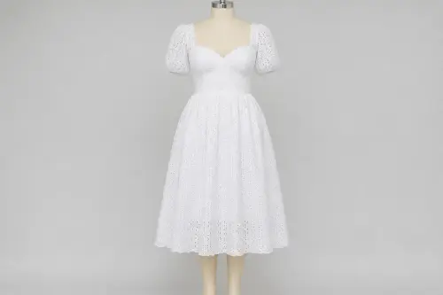 White Eyelet Fit and Flare Dress – White Cotton Schiffli Midi | Custom Tailored