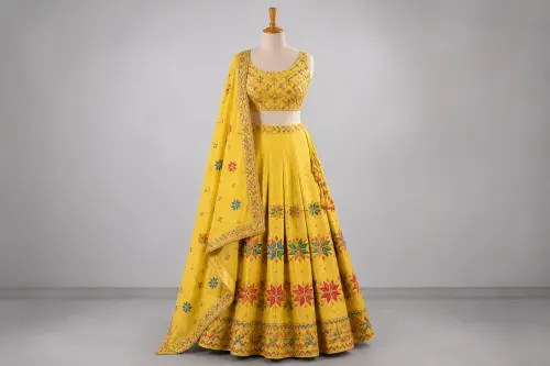 Lemon Yellow Phulkari Lehenga – Silk Cotton Lehenga with Geometric Embroidery | Custom Tailored