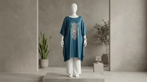 Teal Blue Embroidered Kaftan Set – Peacock Blue Silk Short Kaftan Tunic with White Wide-Leg Trousers | Custom Tailored